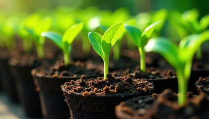 Dense cluster of seedlings emerging in peat pots , moss, closeup