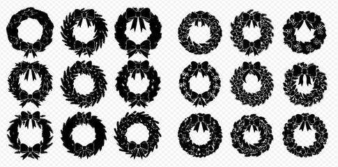 A collection of decorative wreaths, some adorned with bows, in a silhouette style.