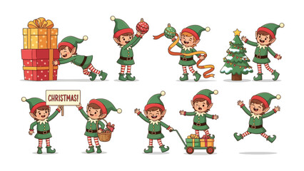Christmas Elf Collection: A vibrant collection of Christmas elves engaged in various festive activities, from carrying presents to decorating the Christmas tree.