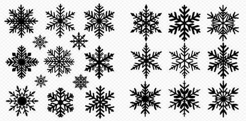 A collection of various snowflake designs in black and white, arranged in a grid pattern on a transparent background.