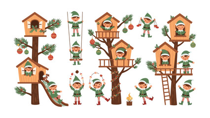 Elf Playtime in the Treehouse Village: A whimsical illustration showcases a collection of playful elves enjoying various activities within their charming treehouse village.