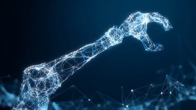 Futuristic robotic arm composed of glowing blue lines and nodes abstract digital art