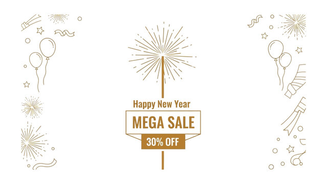 New Year Mega Sale Banner: A festive banner heralding a Mega Sale for the New Year, adorned with celebratory fireworks and balloons, showcasing a 30% discount offer, ideal for promotional purposes.