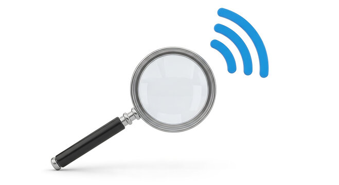 Magnifying glass with blue wifi signal icon on white background lens optical