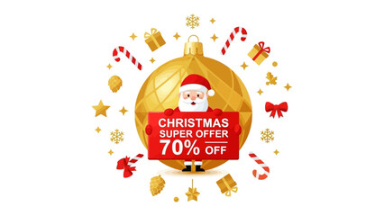 Christmas Super Offer: Santa Claus promotes a Christmas sale with decorations in a festive illustration. 