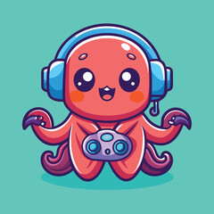 Obraz premium Cute cartoon octopus wearing headphones and playing video games with a controller