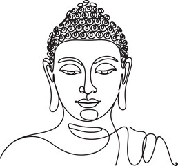 Continuous line art illustration of serene Buddha face profile with handmade contour