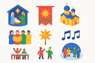 Orthodox Christmas Icons. Orthodox Christmas Cultural Festivity flat icon set: nativity performance, festive banners, illuminated church, traditional choir, wooden star, music