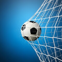 A black-and-white football hits the white goal net, droplets scattering against a smooth blue background, capturing the moment of a powerful and precise score.