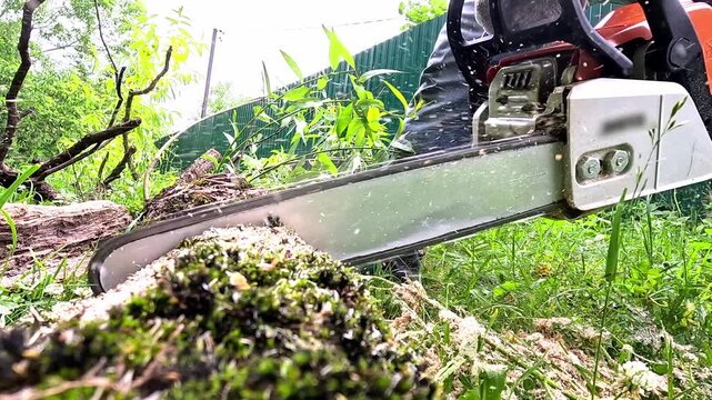 A worker with a chainsaw saws a tree