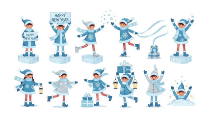 Winter Wonderland Elves' Festive Cheer: A whimsical collection of joyful elf characters, adorned in winter attire, enthusiastically celebrate the New Year amidst a snowy scene.