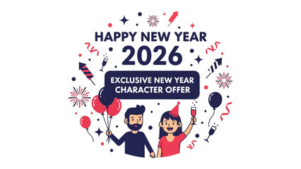 Festive New Year Greeting: A vibrant graphic, adorned with celebratory elements like fireworks, balloons, and champagne, conveys a cheerful Happy New Year 2026 message.