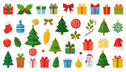 Collection of festive icons, gifts, trees, ornaments, candy, bows, stocking, and a snowman on a white backdrop
