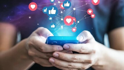 Digital Connection: A person cradles a mobile device, a vibrant nexus of likes and hearts blooms, symbolizing modern social connection. - Powered by Adobe