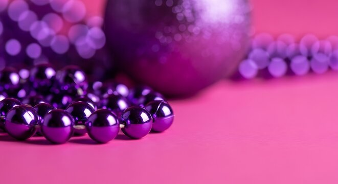 Close up of purple christmas ornaments and beads on pink background