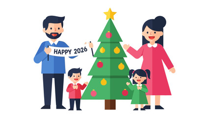 Family's Joyful Christmas: A heart-warming illustration of a family united in festive cheer, decorating a Christmas tree, radiating happiness, love, and the joy of the holiday season.