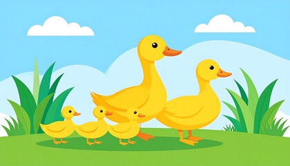 Cartoon illustration of a duck family with two adults and three ducklings on a grassy field