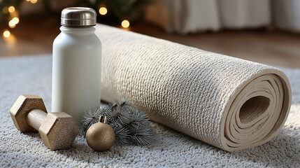A golden dumbbell and ornament sit near a rolled yoga mat and water bottle, decorated with festive Christmas elements, illuminated by soft, warm lights, on a bright, fluffy rug