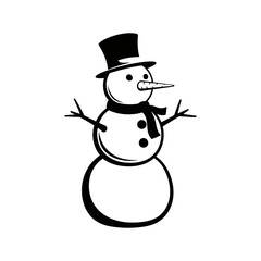 Cute snowman illustration with top hat, scarf, and twig arms, standing isolated on
