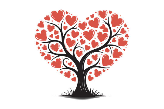 Heart shaped tree of love with red hearts