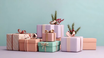 Elegant gift boxes stacked with ribbons and festive decorations perfect for holiday celebrations presented on a soft pastel background - Powered by Adobe