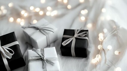 Elegant gift boxes in black and white wrapped with ribbons on a soft white fabric perfect for holiday or special occasion promotions - Powered by Adobe