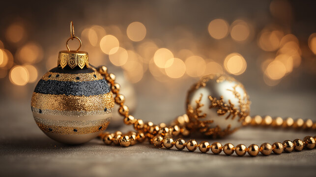 Festive Christmas decorations sit against a backdrop of soft, warm light. A gold beaded garland lies near beautiful ornaments, creating a luxurious and inviting feeling of celebration