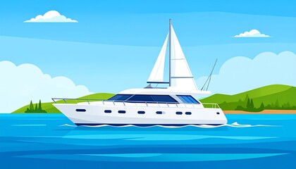 Cartoon illustration of a large white yacht sailing on blue water under a sunny sky with green landscape background
