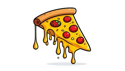 Cartoon illustration of a pizza slice with dripping cheese, against a white backdrop