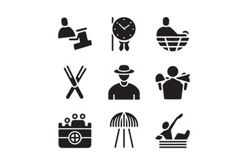 Fototapeta premium Collection of black and white silhouette icons representing various activities and professions