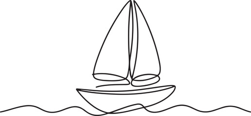 Continuous line art illustration of small sailboat above wavy sea line with handmade contour