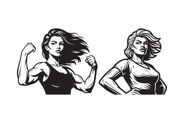 Obraz premium Two strong women posing with muscular arms flexed