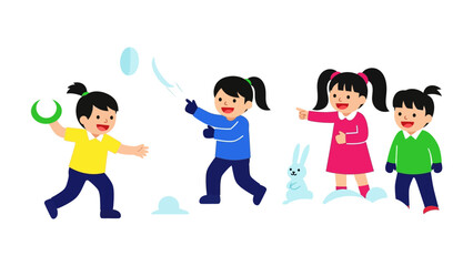 Winter Snowball Fun: Illustration of children engaged in a spirited snowball fight, their faces alight with joy as they hurl snowballs and revel in the snowy landscape.