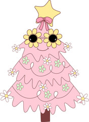 Pink Retro Christmas Tree with Flower Sunglasses PNG Groovy Vintage Holiday Clipart