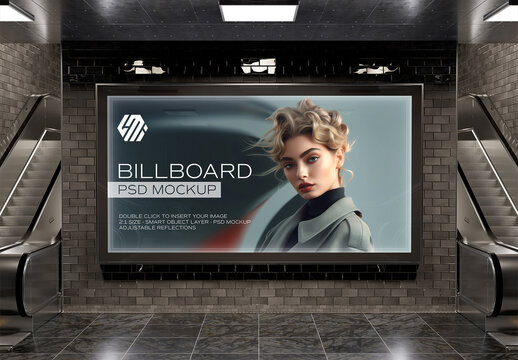 Large Horizontal Billboard on Dark Underground Wall Mockup