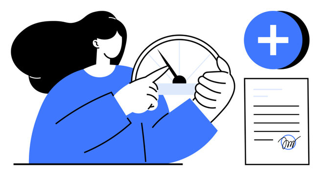 Achievement concept. Woman assessing progress using a speedometer with a plus icon and signed document. Achievement motivating personal growth, goal tracking, business success, self-improvement