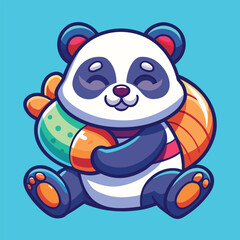 Fototapeta premium Cute cartoon panda hugging delicious sushi rolls and green egg