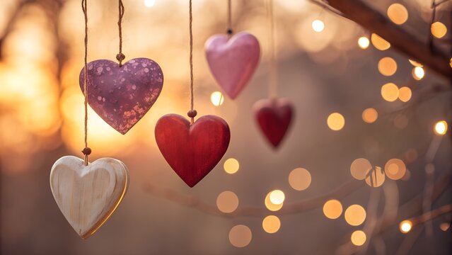 Hanging decorative hearts with bokeh lights for valentine s day celebration