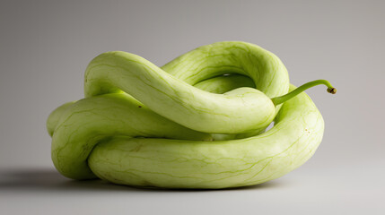 long snake gourd with smooth pale-green skin, coiled arrangement, soft natural light
