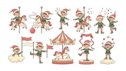Whimsical Christmas Elf Set: A collection of cute elves are engaged in various festive activities, dressed in festive attire and surrounded by holiday themed elements.