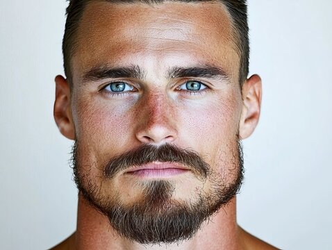 Close-up portrait of a muscular Caucasian man with blue eyes and a beard, exuding confidence and strength.