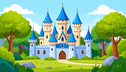 Cartoon illustration of fairytale castle with blue roofs amidst lush green trees on a sunny, bright day