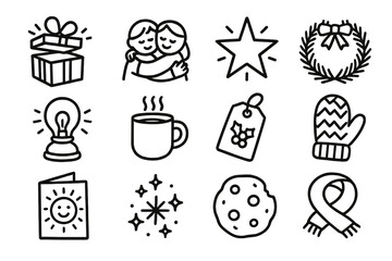 Holiday Cheer Icons. Cheerful Moments linear icon set : open gift, warm hug, star light, pine wreath, glowing lamp, cozy drink, holiday tag, knitted mitten, joyful card, snow