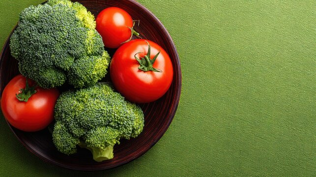 Fresh broccoli and ripe tomatoes arranged on a rustic plate copy space