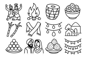 Lohri Celebration Icons. Lohri Traditional Festivity linear icon set. dancing couple, glowing bonfire, music drum, popcorn and nuts, sugarcane sticks, bright scarves, hanging