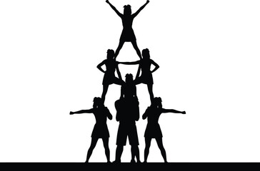 Black silhouette cheerleaders forming a pyramid on white background, cheerleading, pyramid, silhouette, team, sport, competition, performance, athletic, group, unity, support, strength, teamwork, acti