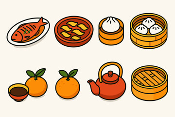 Chinese New Year Feast. Chinese New Year Celebration Food flat icons set. steamed fish, dumpling plate, pork buns, rice bowl, soy sauce dish, oranges, tea kettle, bamboo steamer