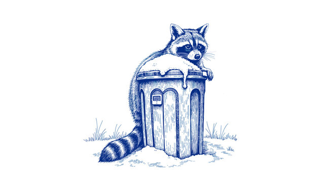 Raccoon sitting on trash bin with snow in vintage blue ink sketch  
