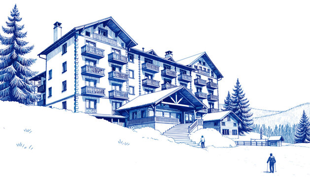 Vintage sketch of ski resort hotel facade in blue ink style  