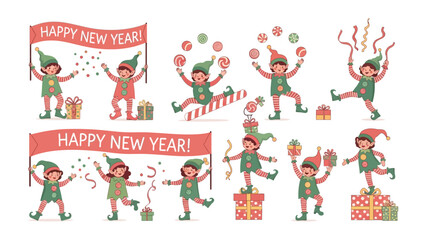 New Year Elf Celebration: Charming elves, spreading cheer with joyous gestures, hold banners and gifts, celebrating the New Year in a lively and festive scene.